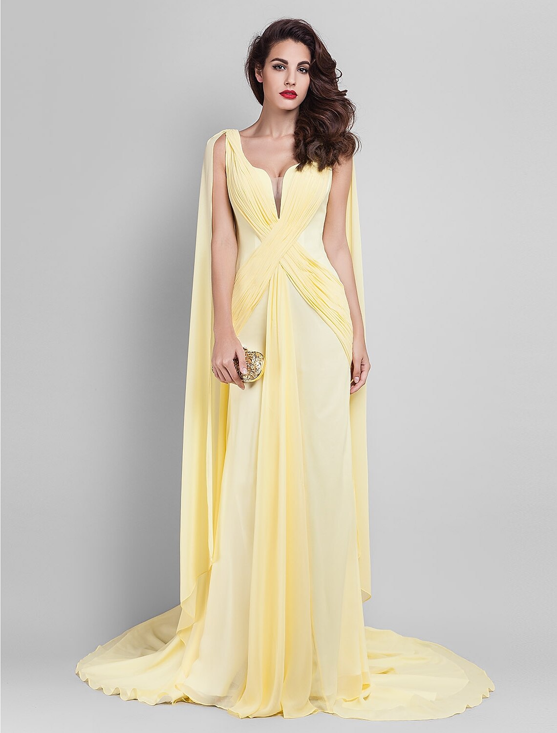 Etuikleid/Säulenkleid, elegantes Kleid für Hochzeitsgäste, Hofschleppe, ärmellos, tiefer Ausschnitt, Georgette, V-Rücken mit überkreuzten Seitendrapierungen